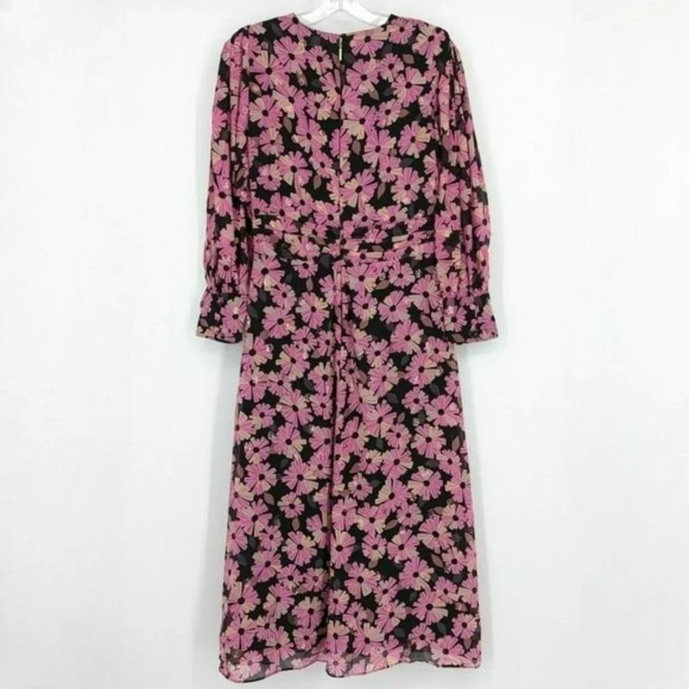 Kate Spade Wallflower Midi Dress 2 Black Pink Metallic Silk Chiffon Long Sleeve